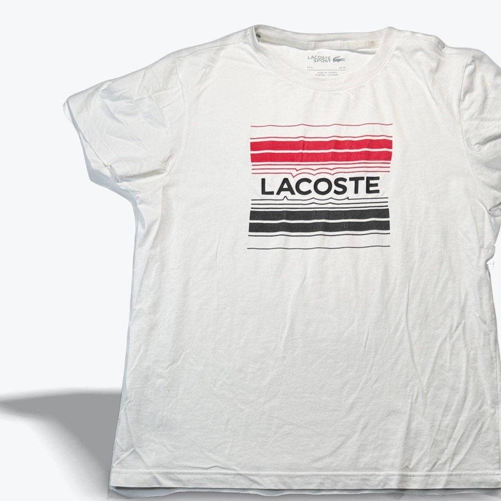 Lacoste Sport Ultra Dry White Graphic TShirt Mens XL FR 6 Red Black Striped